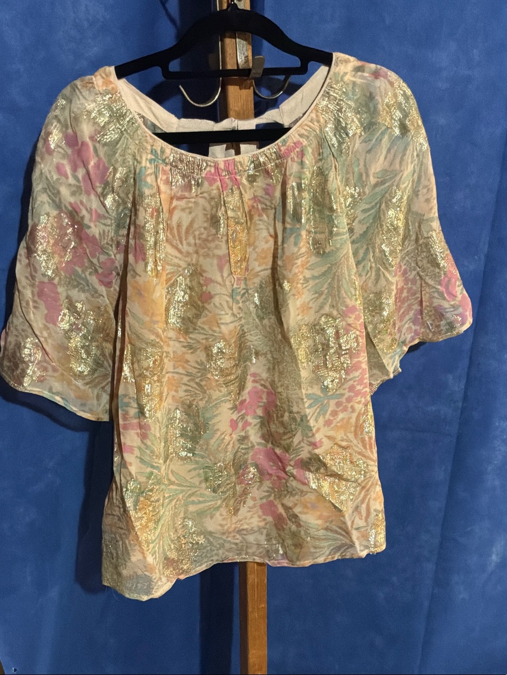 LOFT Floral Metallic Peasant Blouse - Cream, Pink, Gold